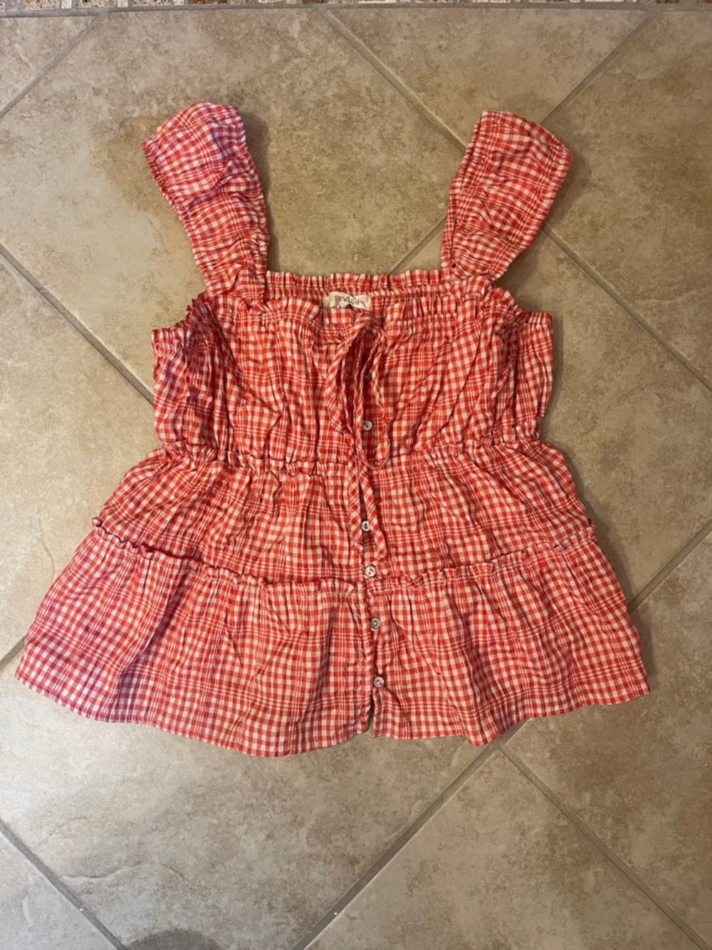 Rewind Red and White Gingham Tiered Button-Front Tank